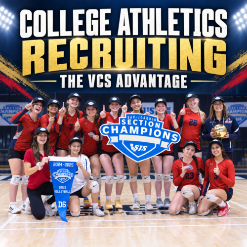 Podcast cover reading “College Athletics Recruiting: The VCS Advantage” above a photo of the VCS girls volleyball team celebrating a section championship.